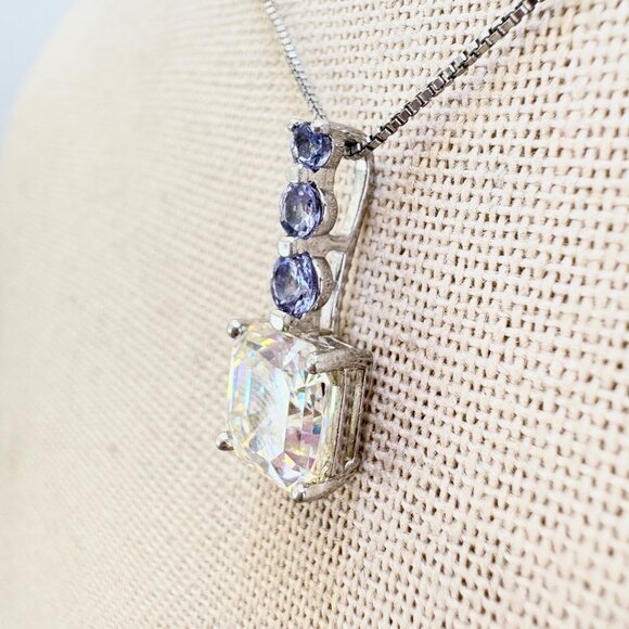 VTG Sterling Silver 925 Blue & White CZ Pendant Necklace Size 18" Adjustable - Picture 4 of 15